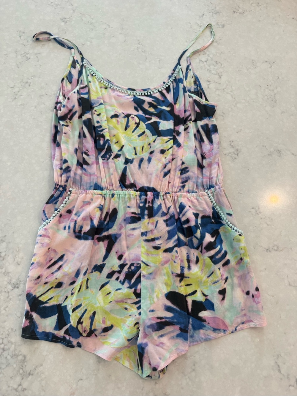 Victoria's Secret Girls Floral Leaf Print Romper - Pink, Navy & Yellow